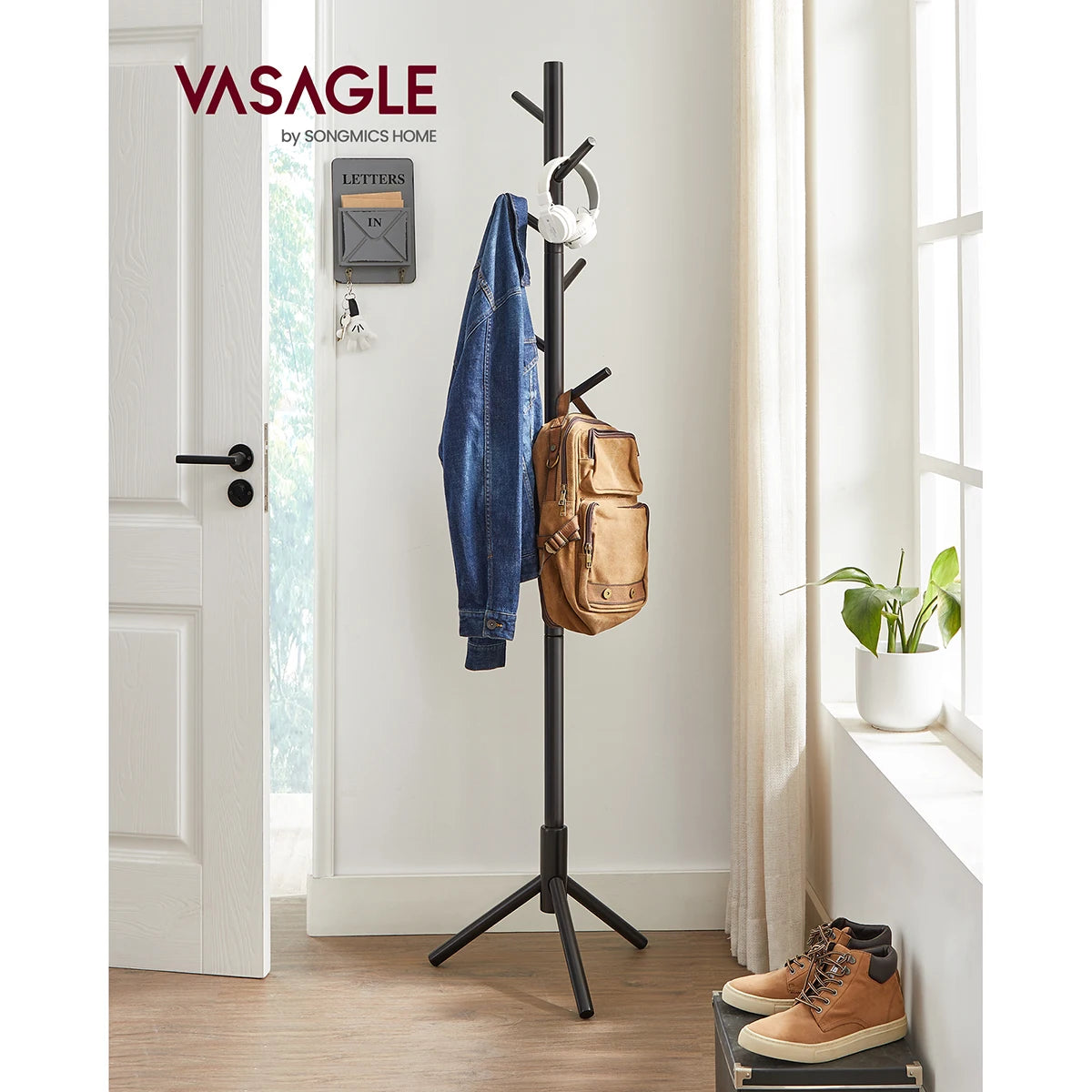 VASAGLE Standing Coat Rack, Solid Wood Coat Rack, Tree-Shaped Coat Rack with 8 Hooks, 3 Height Options, for Clothes, Hats, Bags