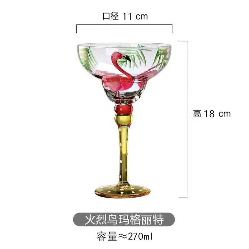 Verre cocktail margarita peint main motif flamant rayures