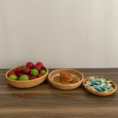 HEMU-Round Rattan Woven Basket, Wicker Fruit Basket, Bread Food, Kitchen Home Decor Organizer - vue 7 sur 12