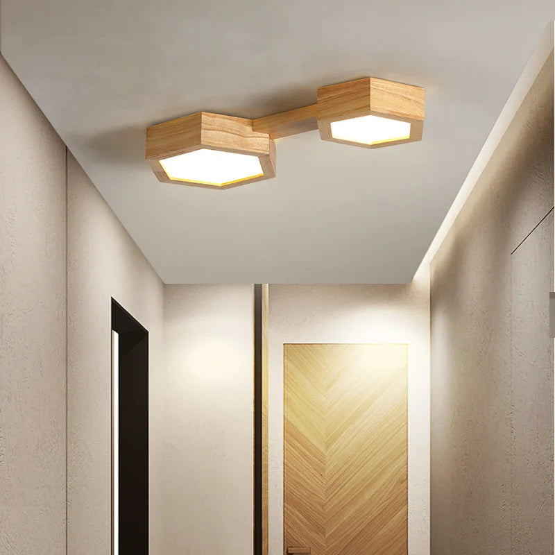 plafonnier en bois design moderne hexagonal avec éclairage LED - vue 3 sur 11