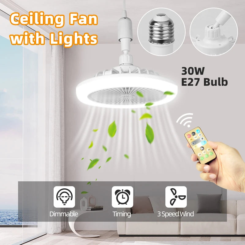 Fan Luster Silent Ceiling Fan Light with Remote Lamp E27 Control Bedroom Living, Home Lighting Source, Ac85-265v  Ceiling Fan - vue 2 sur 8