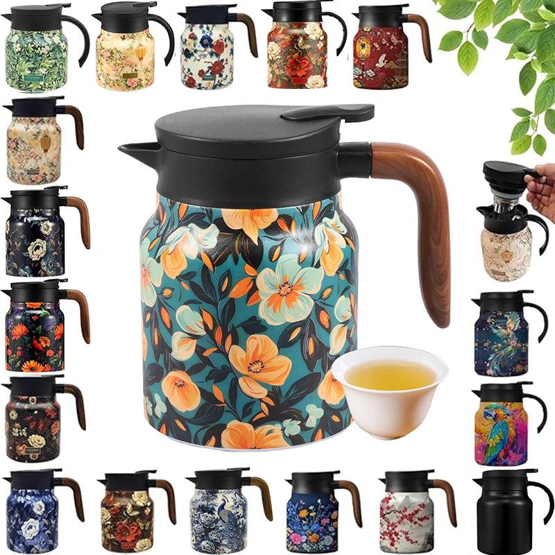théière isotherme acier inoxydable motif floral vintage infuseur