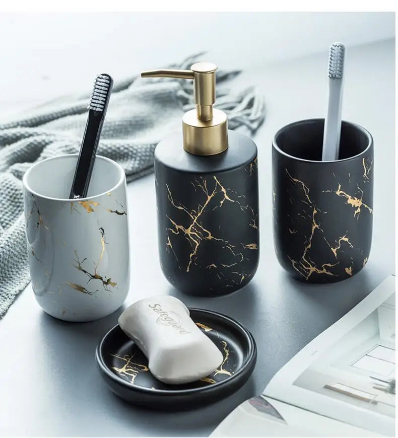 Black Marbled Bathroom Accessories Set, Ceramic Soap Dispenser, Toothbrush Holder, Box, Decoration