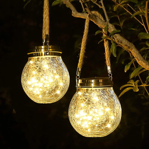 Solarbetriebene Pendelleuchte aus Crackle-Glas für Garten und Außenbereich