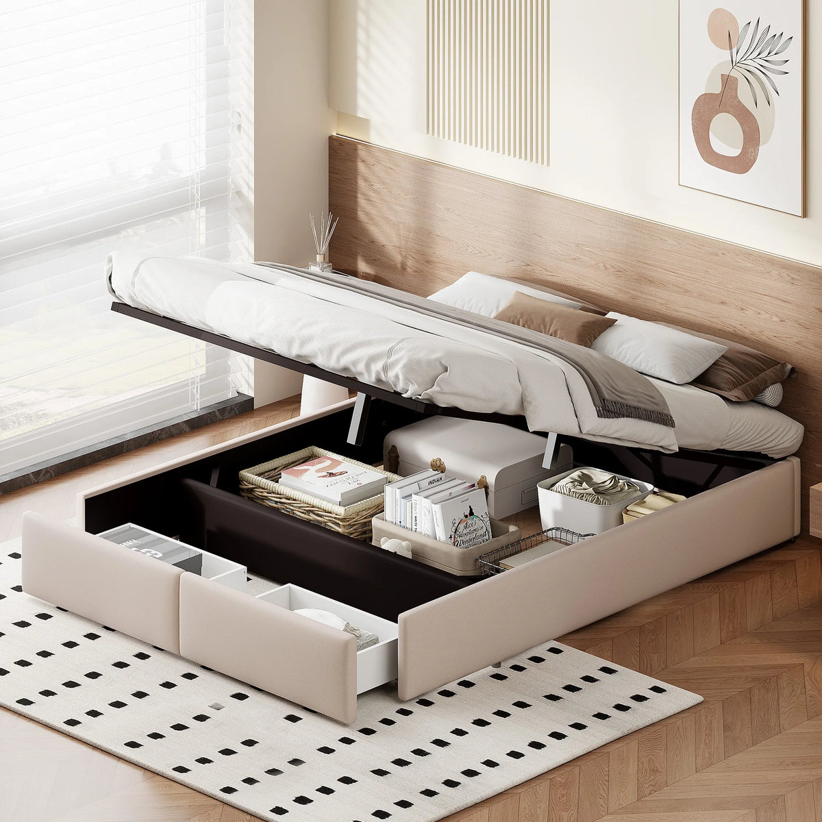 Upholstered Bed, Linen Fabric, without Headboard, Storage Bed, with Slatted Frame and 2 Storage Drawers, Beige, 140 x 200 cm - vue 4 sur 8