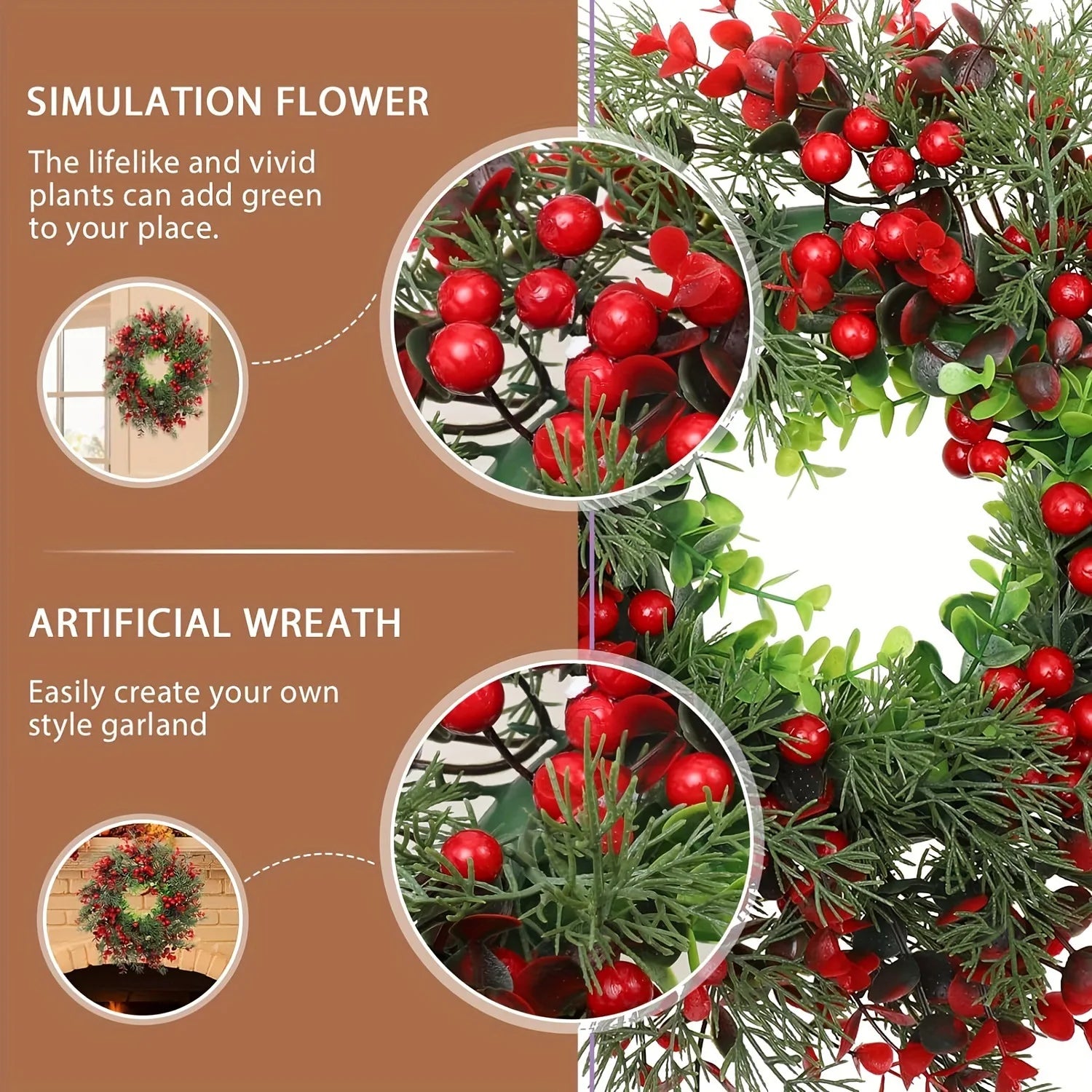 couronne de noël artificielle avec baies rouges décoratives - vue 2 sur 6