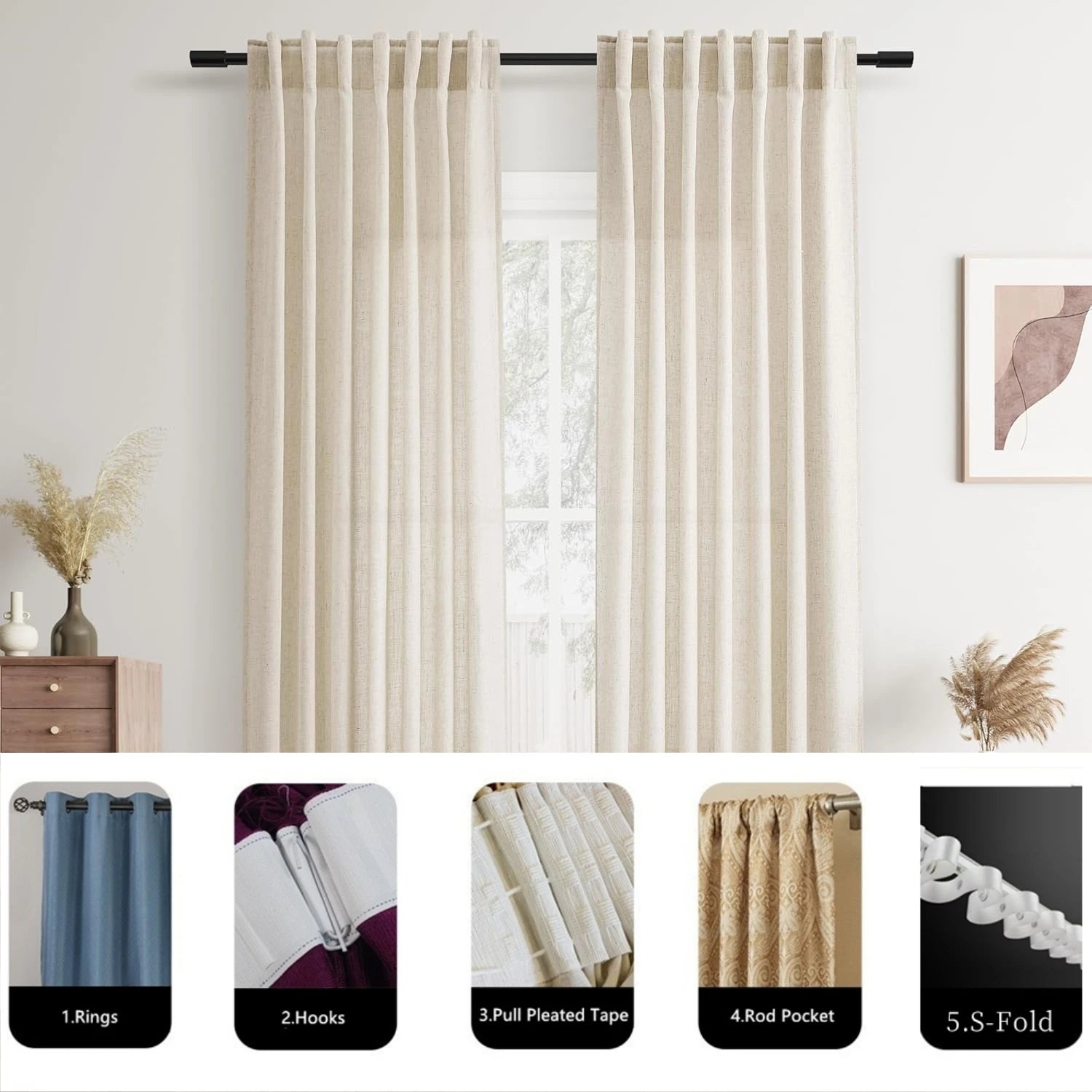 Voilage effet lin extra long fenêtres plafond haut - vue 6 sur 10