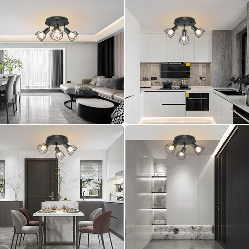 Spot de Plafond 3 Voies Rotatif - Spot Plafond Noir/Blanc Plafonniers E14 - Spot Luminaires Fil Cage Mur