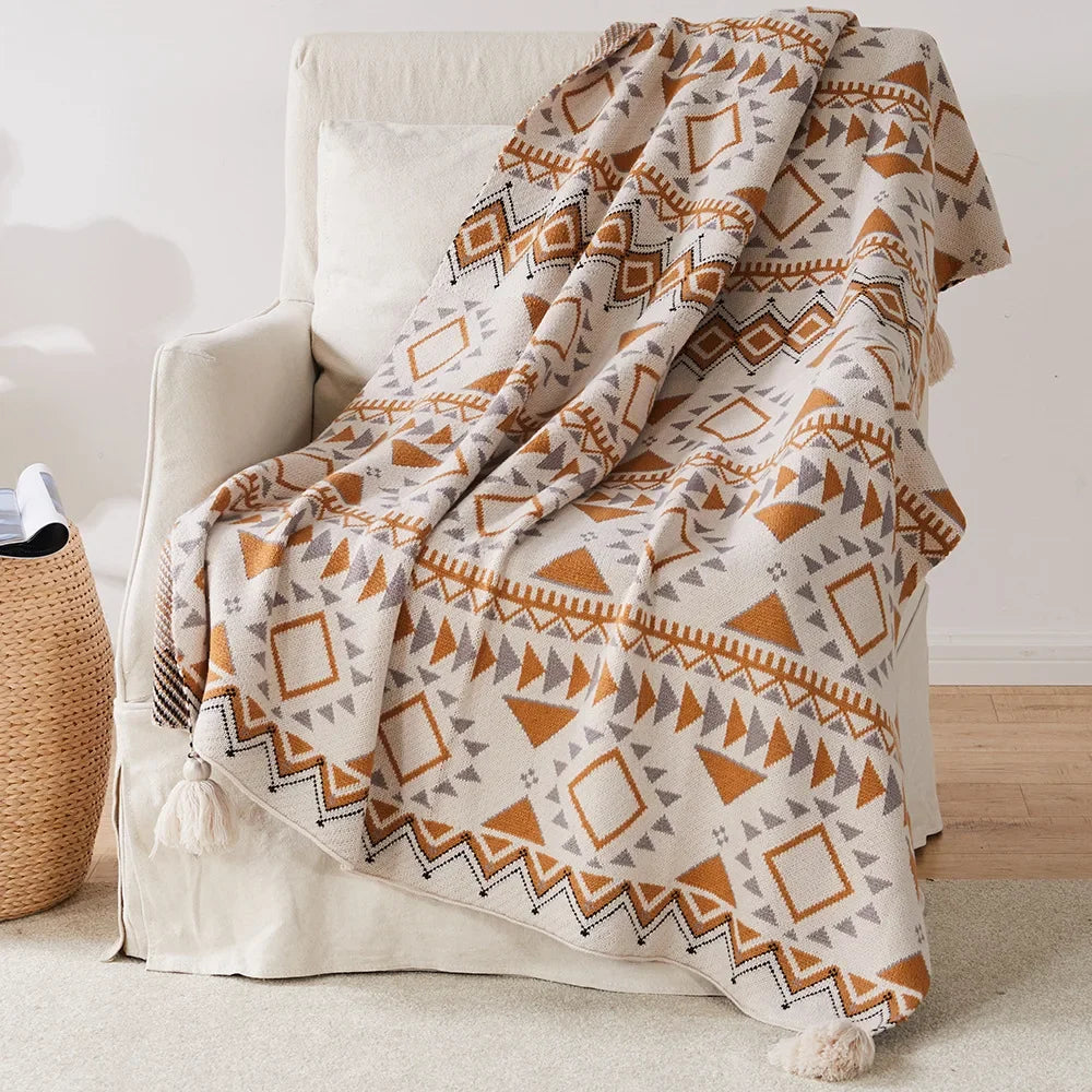 plaid tricoté géométrique bohème avec pompons doux chaud - vue 3 sur 6