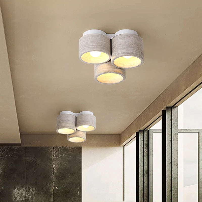 plafonnier led moderne 3 têtes en pierre de grain de bois wabi sabi - vue 4 sur 6