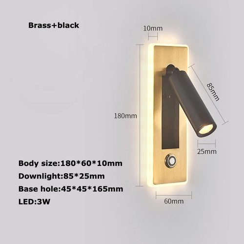 LED Brass Black Wall Lamp Wall Light Wall Sconce Wall Mounted Reading Light with Switch and USB Port, Rotatable For Bedroom - vue 21 sur 23