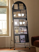 Adjustable solid wood full body mirror, magazine bookshelf mirror, floor standing retro with wheel fitting mirror