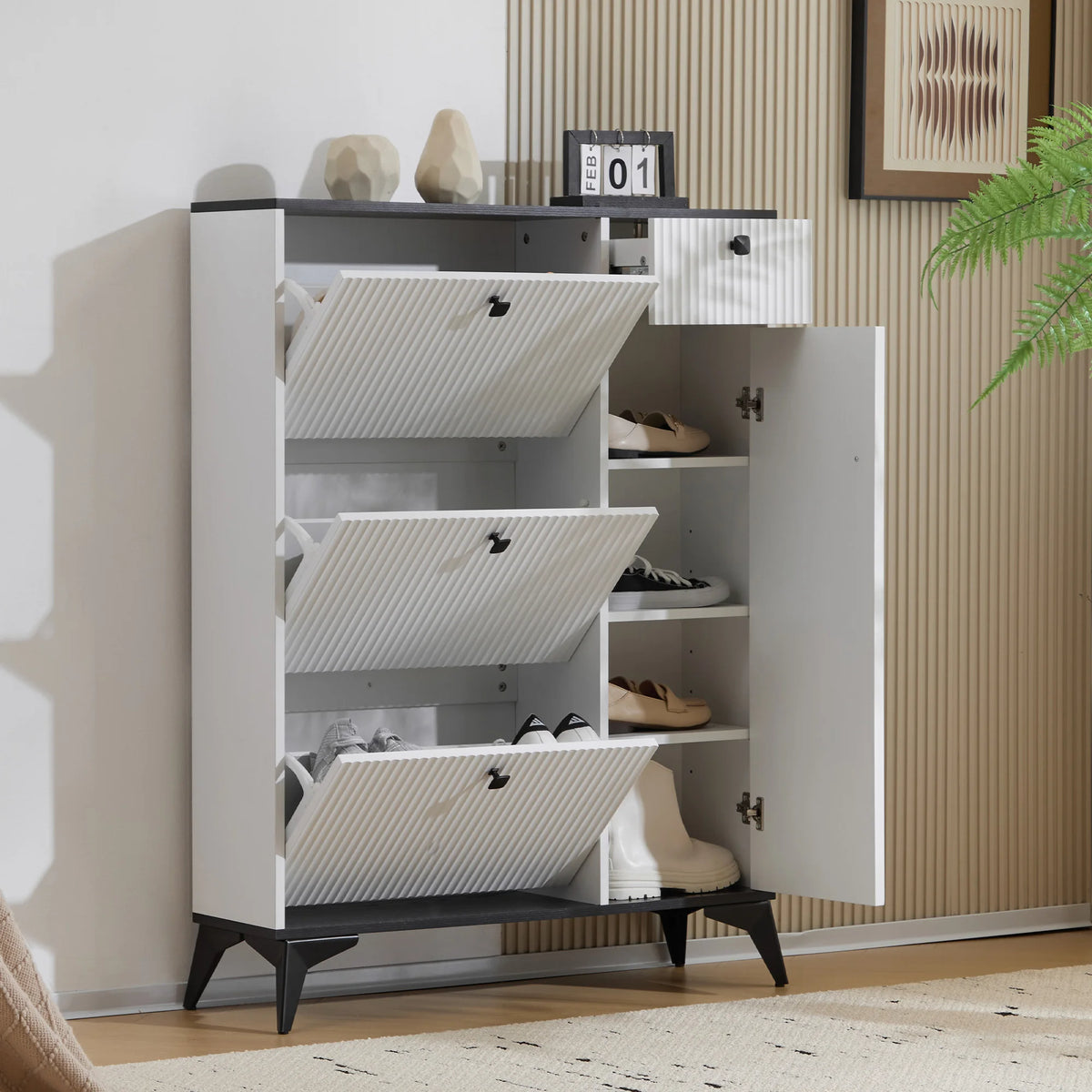 Shoe cabinet with 3 flaps, 1 drawer and 1 door, shoe rack shoe tipper narrow, shoe cabinet White