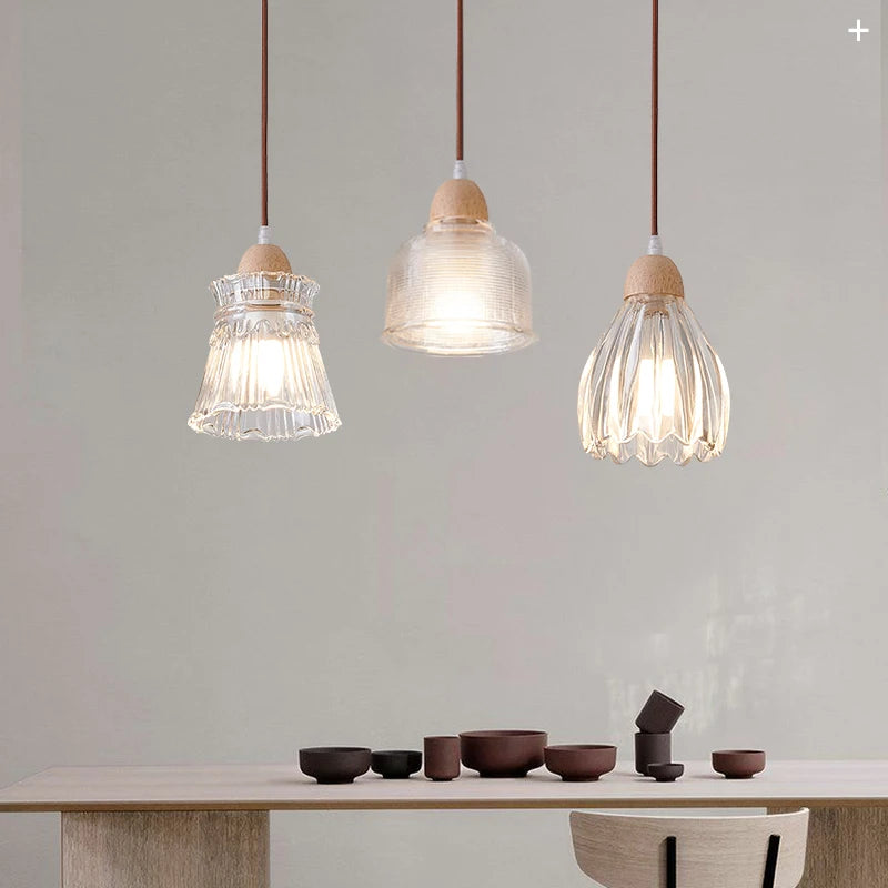 Lampe de chevet verre bois LED E27 Suspension - vue 2 sur 8