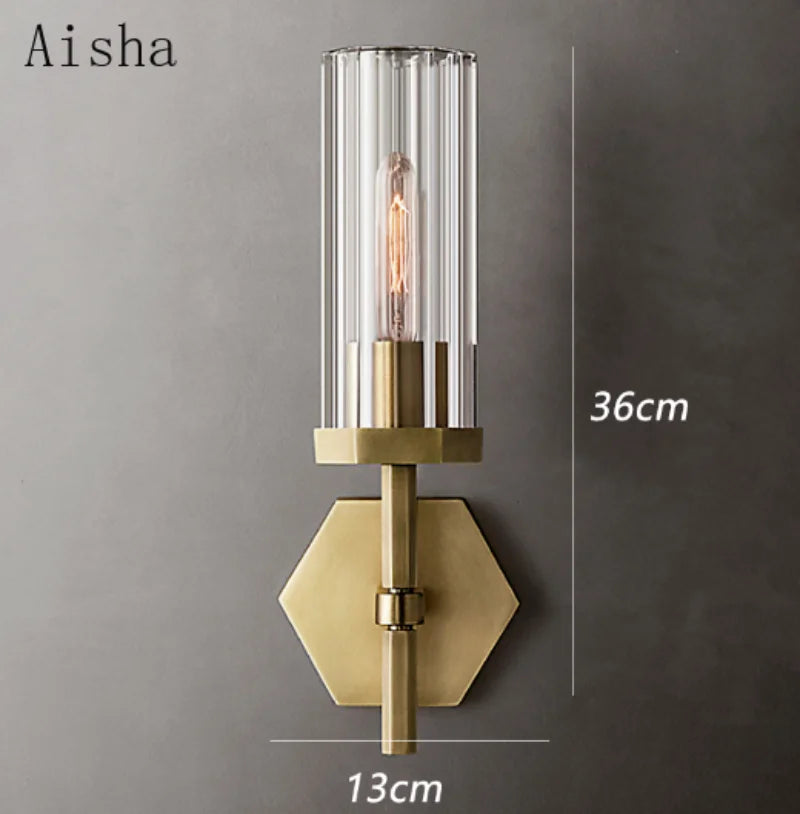 Amerikanische LED-Wandleuchte mit Kristall-Lampenschirm und goldfarbenem Metall - vue 4 sur 11