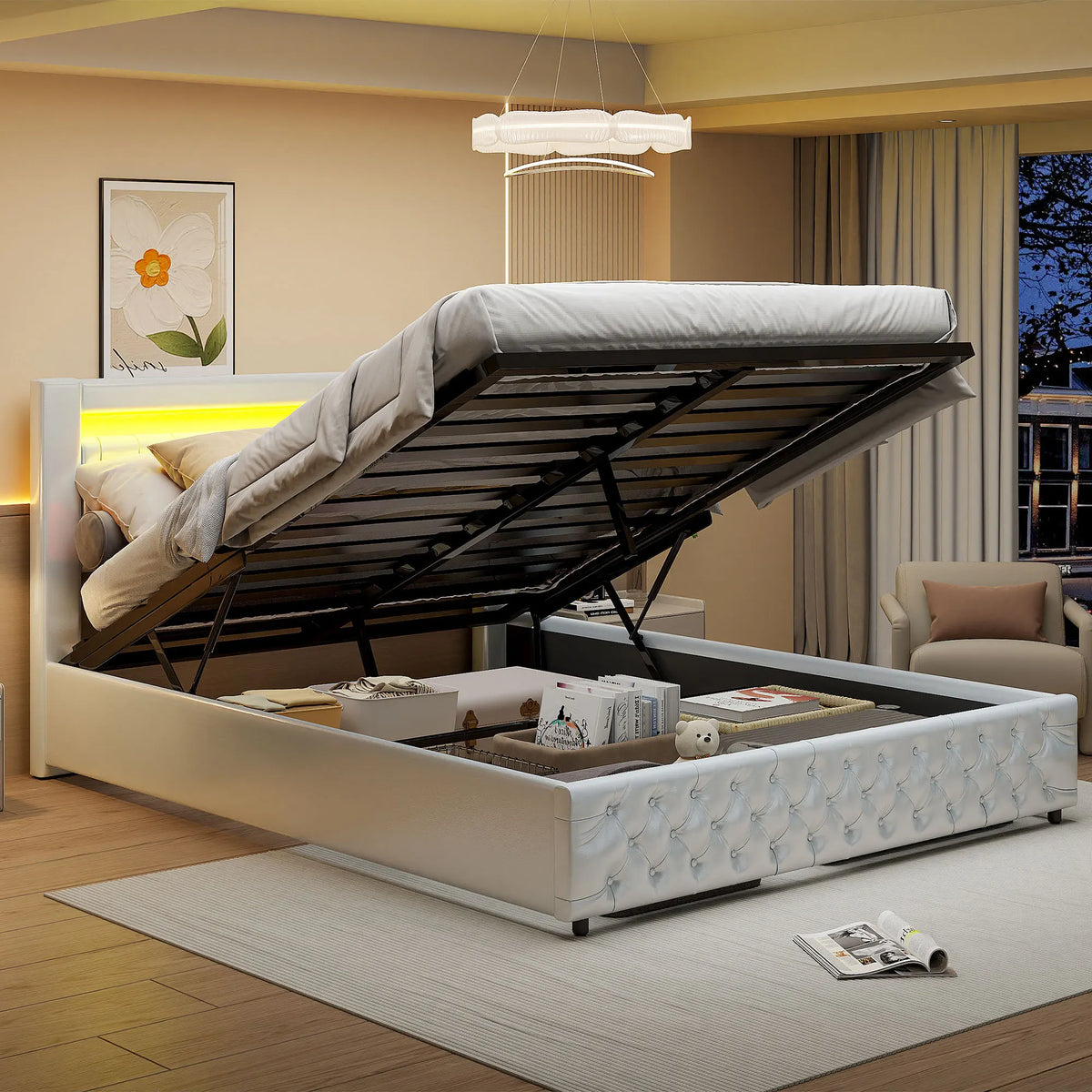 Upholstered Bed, Double Bed, PU Bedside Lamp, Hydraulic Functional Storage Bed, Headboard and Slatted Base, Padded Backrest - vue 4 sur 9