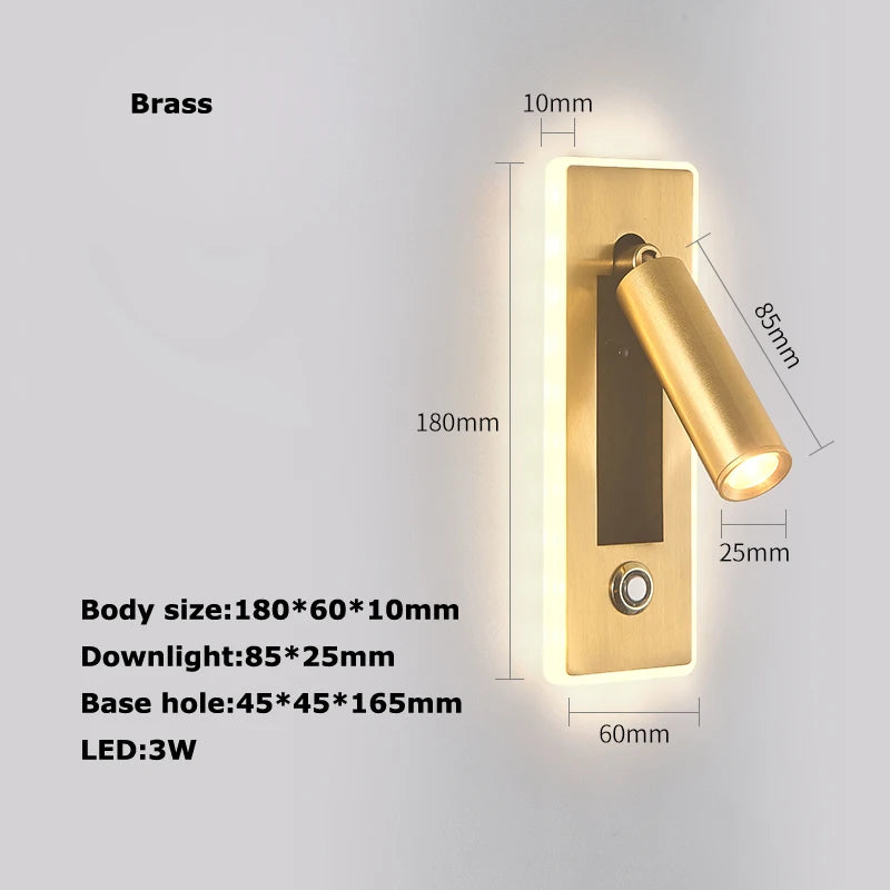 LED Brass Black Wall Lamp Wall Light Wall Sconce Wall Mounted Reading Light with Switch and USB Port, Rotatable For Bedroom - vue 21 sur 23