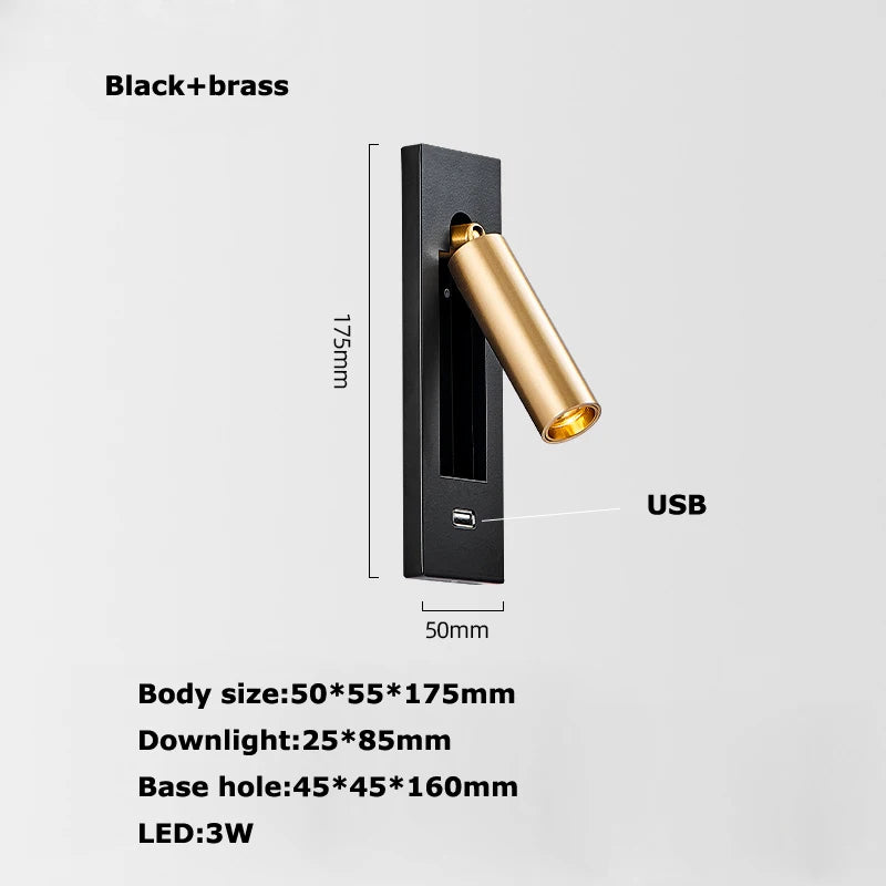 Black Brass Rectangular LED Wall Lamp Wall Sconce Wall Spotlight Reading Light with Switch and USB Port, Rotatable For Bedroom - vue 21 sur 22