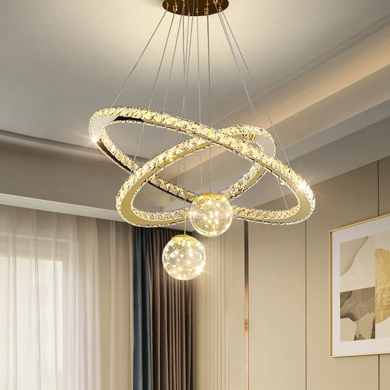 lustre led moderne en cristal doré anneau étoile boule de verre