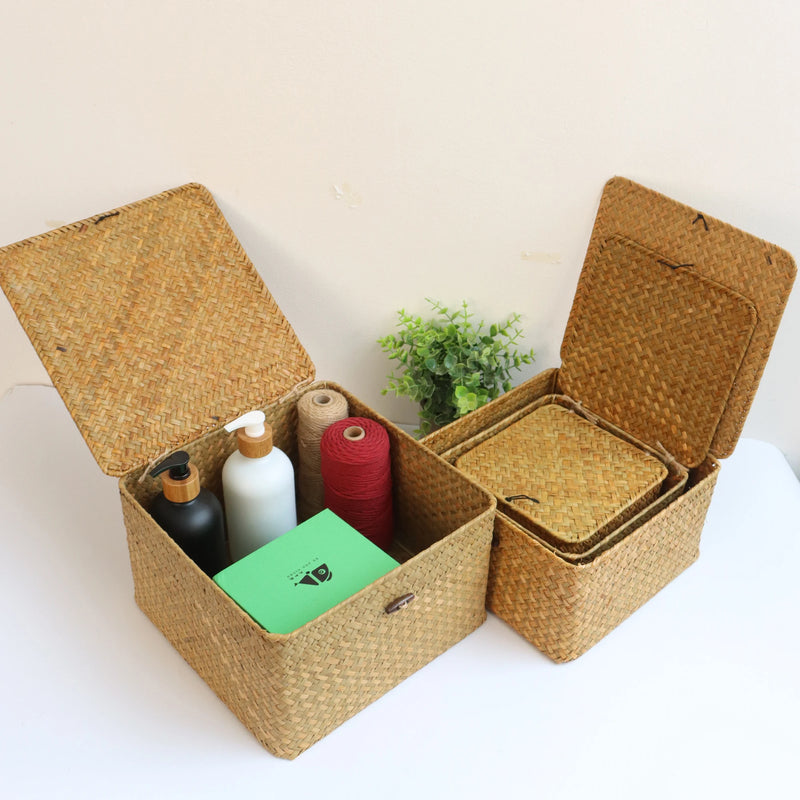 lot de 4 paniers en jonc de mer avec couvercle décoratifs et pratiques