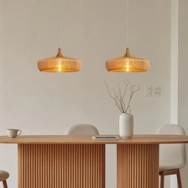 lustre en bois rond rétro pour table de restaurant avec led - vue 3 sur 15