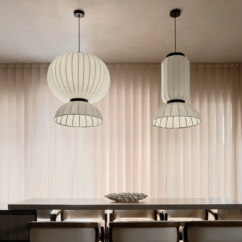 Lustre boule ovale en tissu style soie japonaise design - vue 5 sur 8
