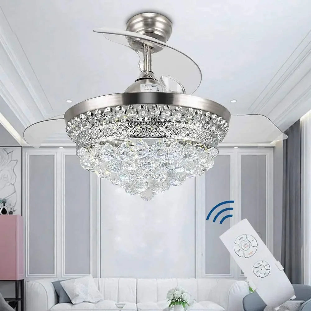 Kronleuchter-Deckenventilator chrom mit Kristall und wechselndem LED-Licht