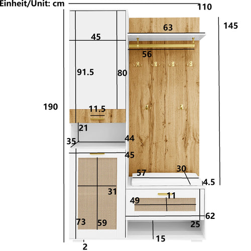 Wardrobe set, wardrobe set with mirror, 5 gold dresses hooks, shoe cabinet, wall wardrobe, top storage compartment, bench seat - vue 5 sur 6