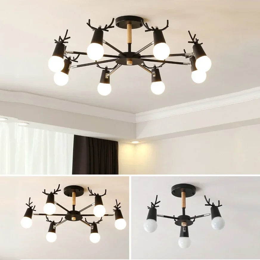 LED-Kronleuchter aus Eisen und Holz in Hirschform für die Innendekoration - vue 4 sur 12