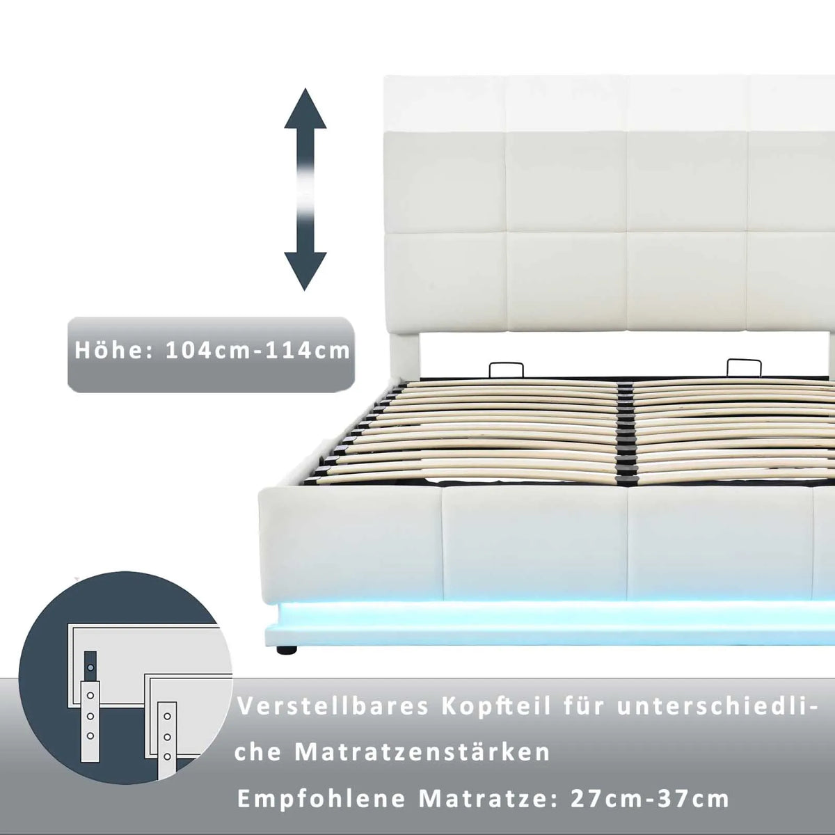 PU Leather White Upholstered Bed 140x200cm Double Bed with LED Lighting Underbed Storage Space, Bed Frame with Slatted Frame - vue 4 sur 7