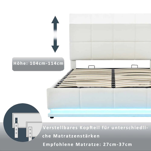 PU Leather White Upholstered Bed 140x200cm Double Bed with LED Lighting Underbed Storage Space, Bed Frame with Slatted Frame - vue 5 sur 7