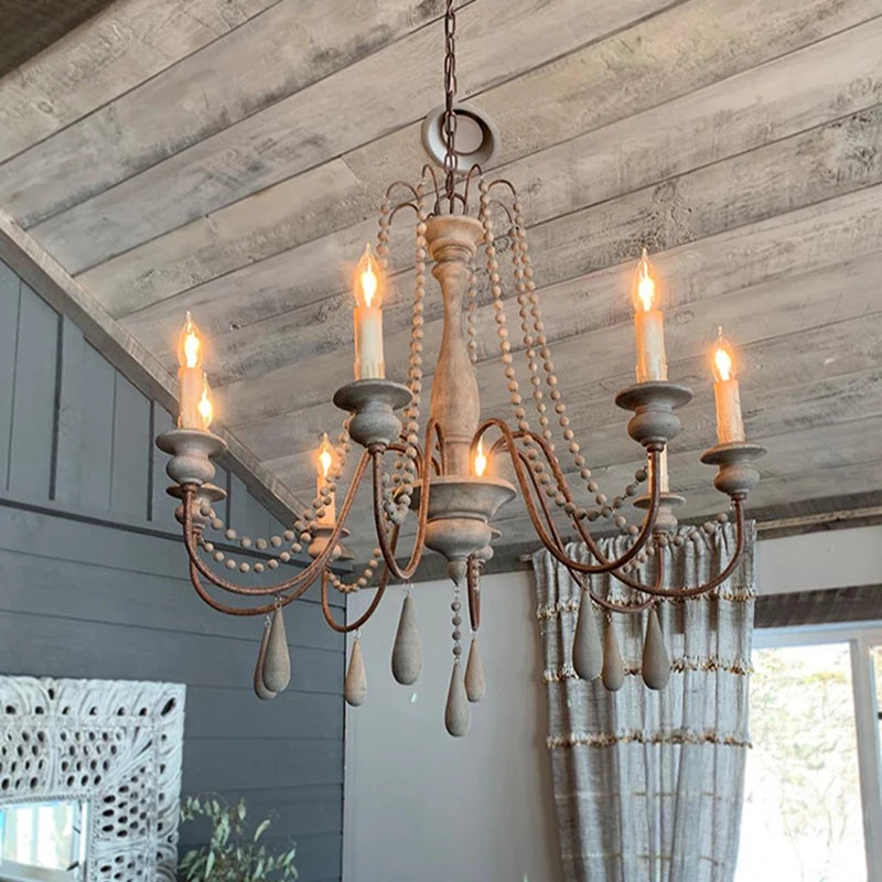 lustre vintage rustique en bois avec perles pour éclairage intérieur - vue 4 sur 6