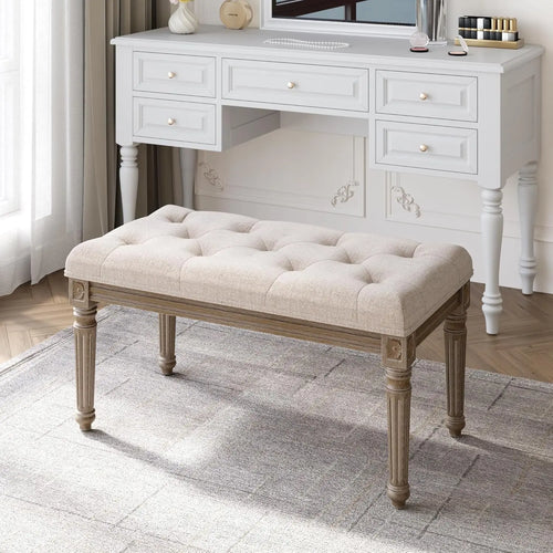Beige Bench for Dining Room Table, Upholstered Vanity Stool Piano Bench Makeup Stool with Rustic Wood Vanity Stool Foot Rest - vue 2 sur 6