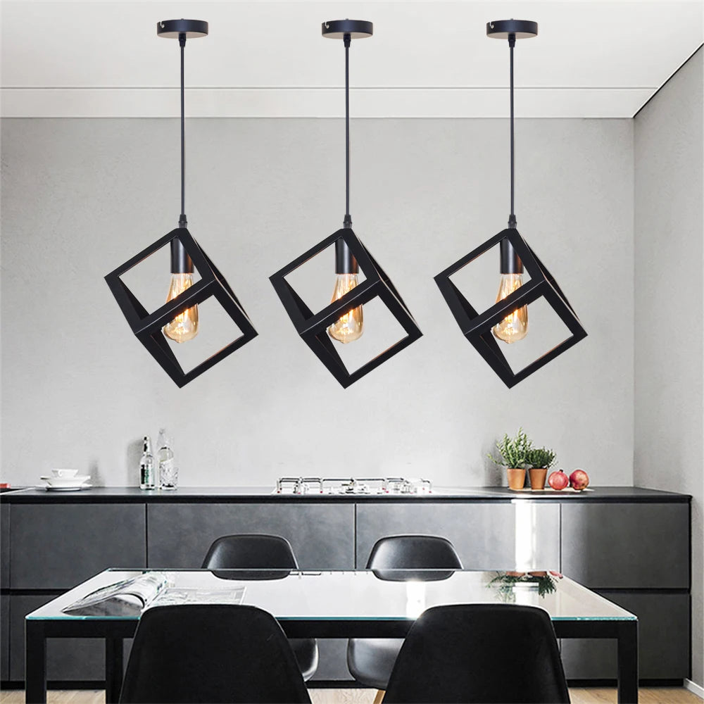 Black Geometric Pendant Lighting Modern Square Hanging Light Ceiling Fixture for Kitchen Island, Foyer, Hallway, Bedroom E27 - vue 3 sur 8