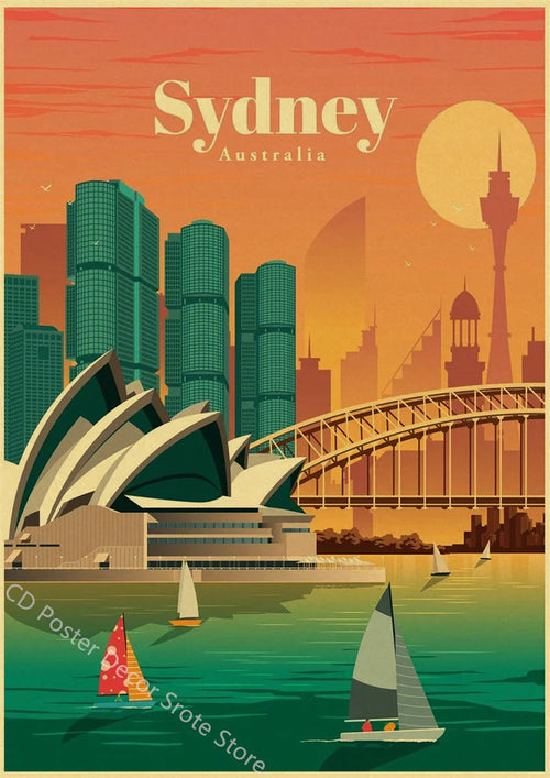 affiche rétro des villes du monde pour décoration murale