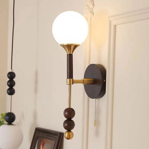 applique murale vintage en bois et verre avec interrupteur à câble