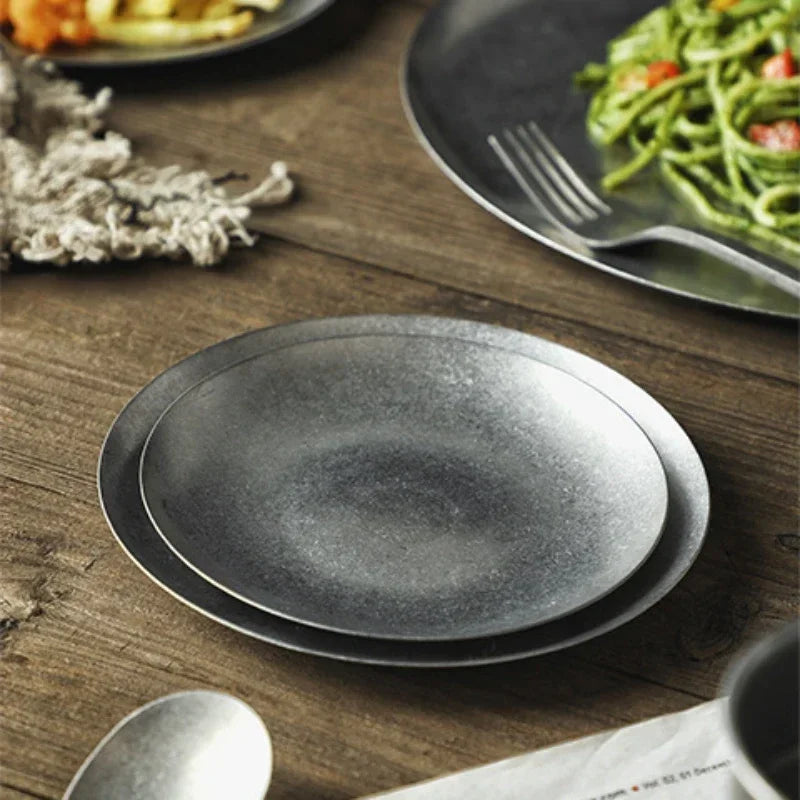 Assiette plate acier inoxydable style industriel camping