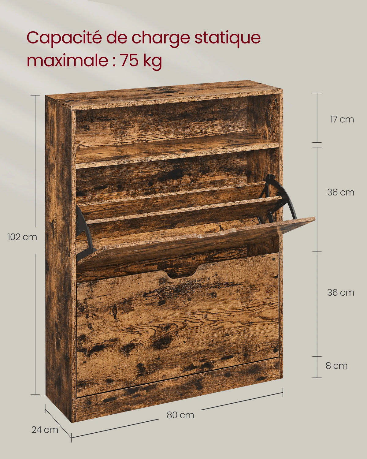 VASAGLE Shoe Cabinet 2 Flip Doors, 3 Tier Shoe Rack, with 1 Open Compartment, Adjustable and Removable Divider, for 11-16 Pairs - vue 6 sur 8