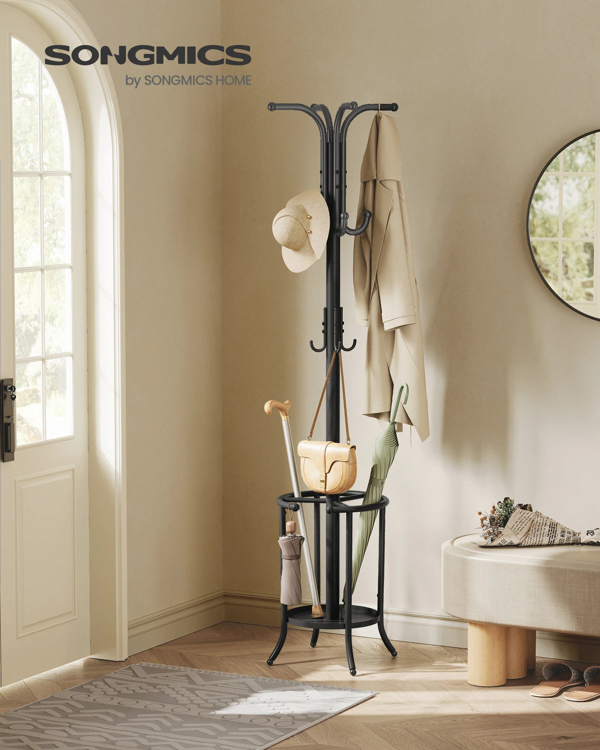 SONGMICS Coat Rack Freestanding, Coat Stand with Umbrella Holder, 12 Hooks, Metal, 175 cm Tall, for Entryway, Hallway