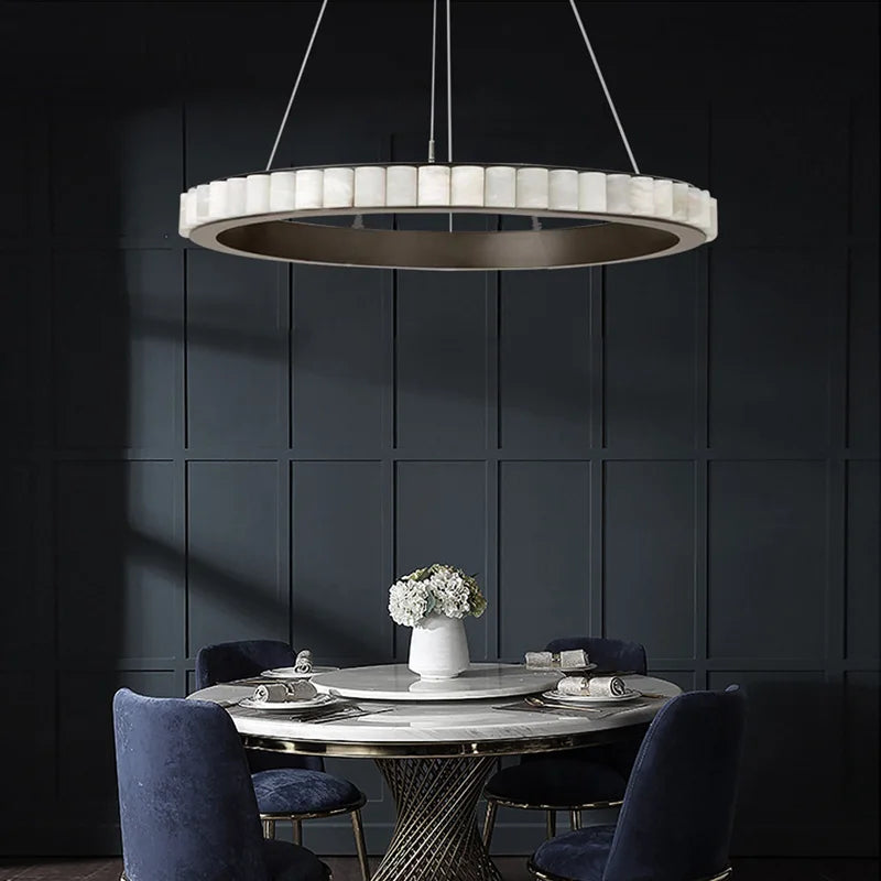 Lustre design anneaux LED postmoderne marbre or noir rond design pour salle à manger - vue 6 sur 16