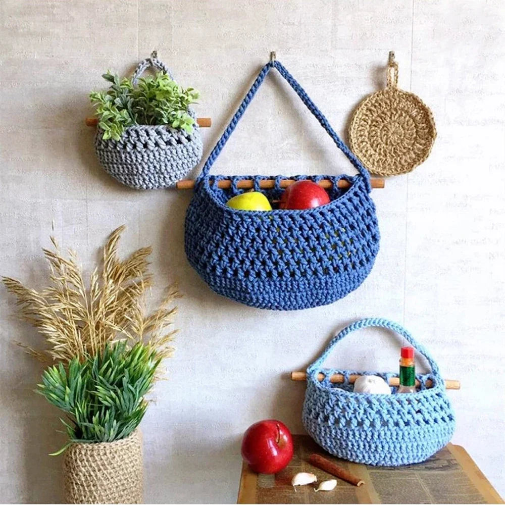 paniers suspendus en macramé lot de trois niveaux de rangement - vue 4 sur 9