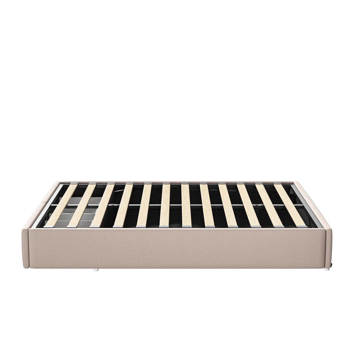 Upholstered Bed, Linen Fabric, without Headboard, Storage Bed, with Slatted Frame and 2 Storage Drawers, Beige, 140 x 200 cm