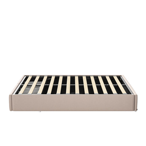 Upholstered Bed, Linen Fabric, without Headboard, Storage Bed, with Slatted Frame and 2 Storage Drawers, Beige, 140 x 200 cm