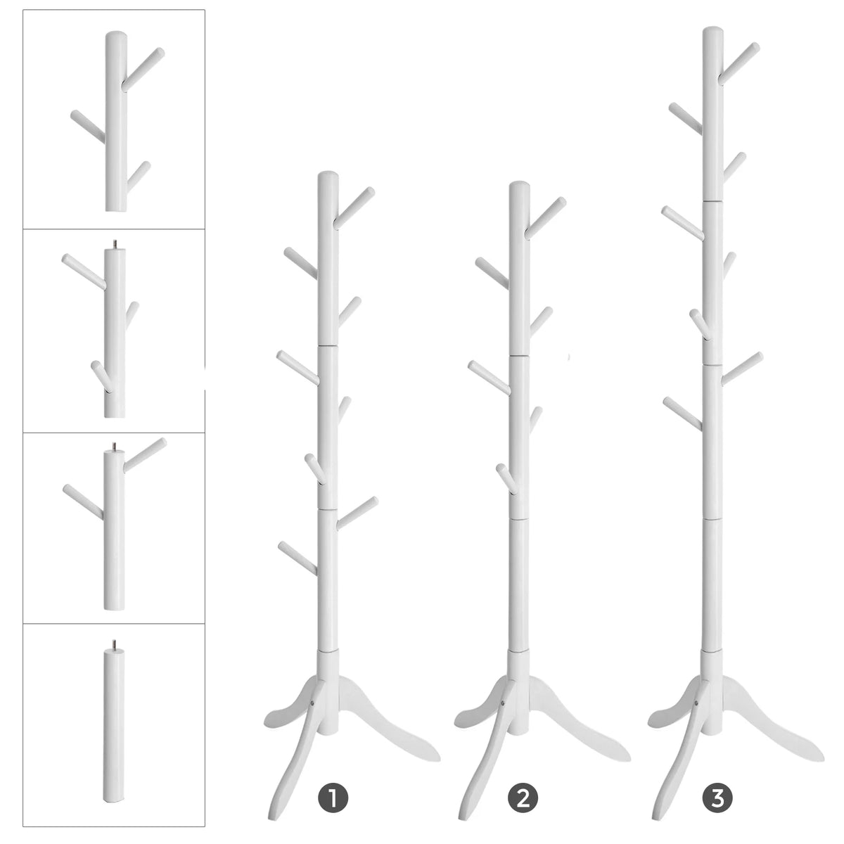 VASAGLE Standing Coat Rack, Solid Wood Coat Rack, Tree-Shaped Coat Rack with 8 Hooks, 3 Height Options, for Clothes, Hats, Bags