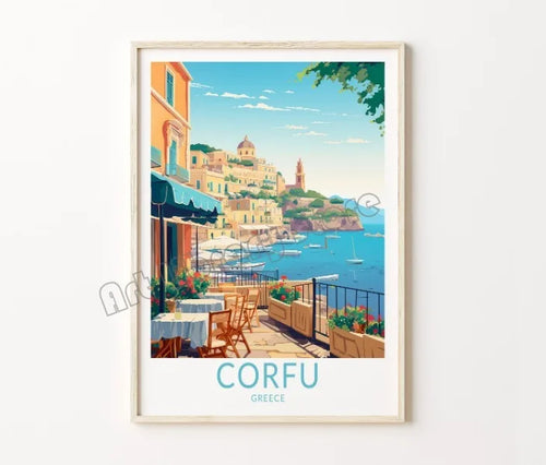 affiche rétro de voyage château et île de santorin décor mural