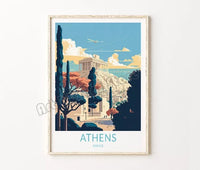 affiche rétro de voyage avec château et île de santorin