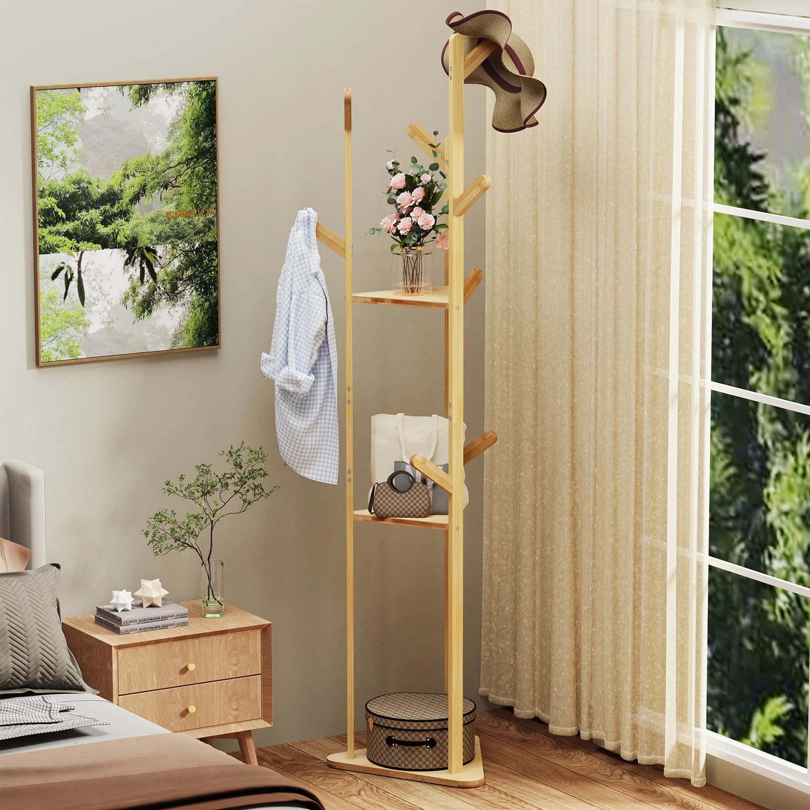 support en bambou naturel pour vêtements et accessoires décoratifs - vue 4 sur 6