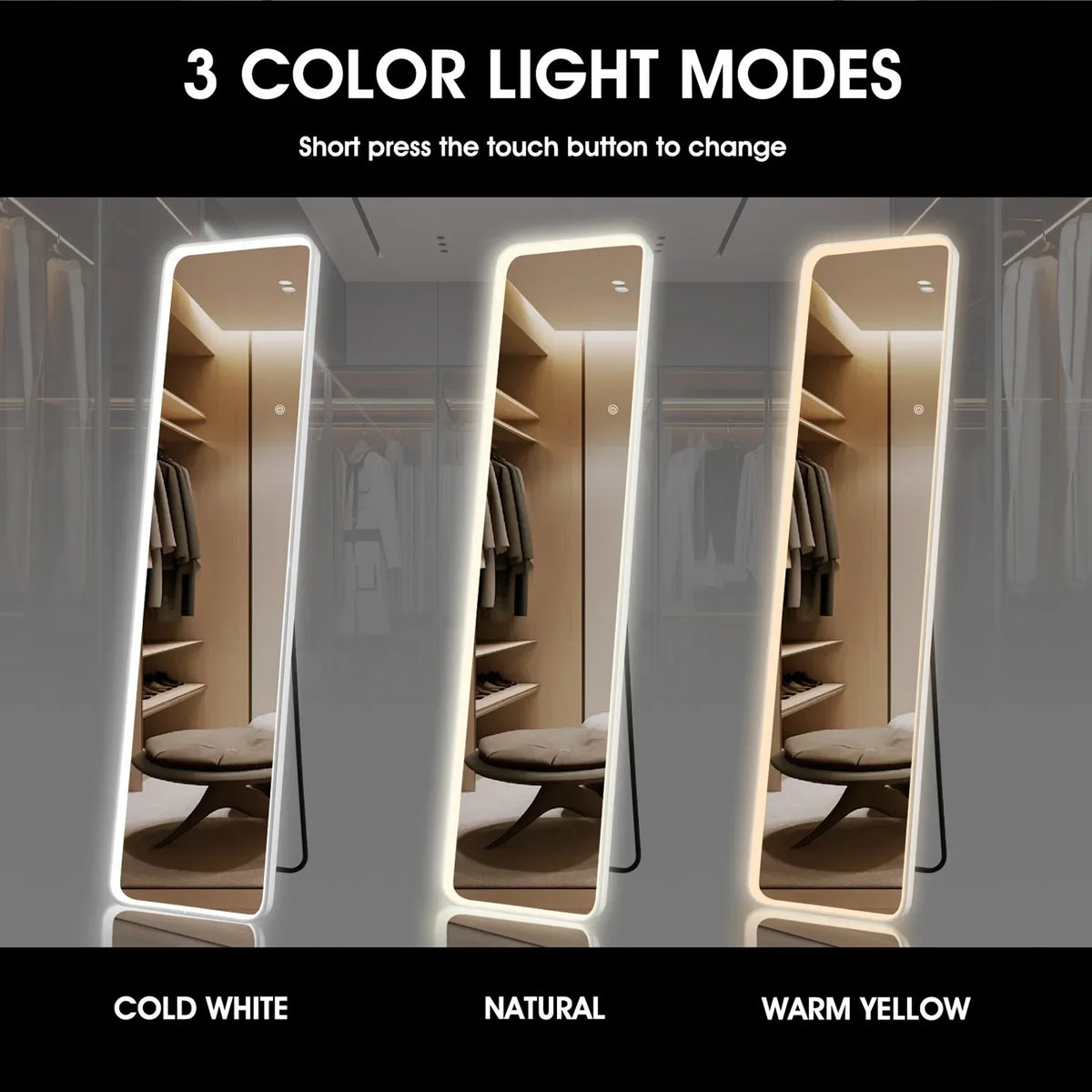 Full Length Mirror with COB-LED Lights Full Body Mirror,Free Standing Floor Mirror Wall Mounted Light Up Mirror 3 Color Lighting