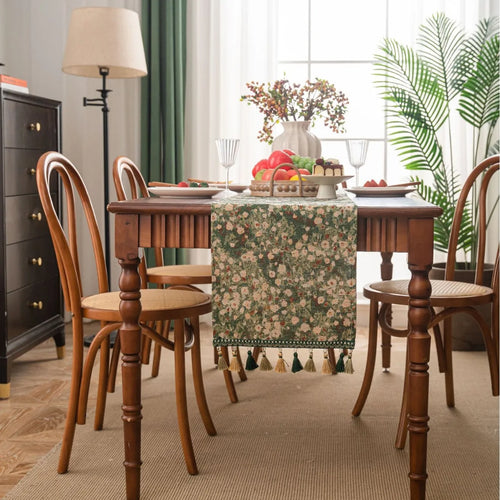 Chemin de table vert floral champetre avec pompons - vue 5 sur 6