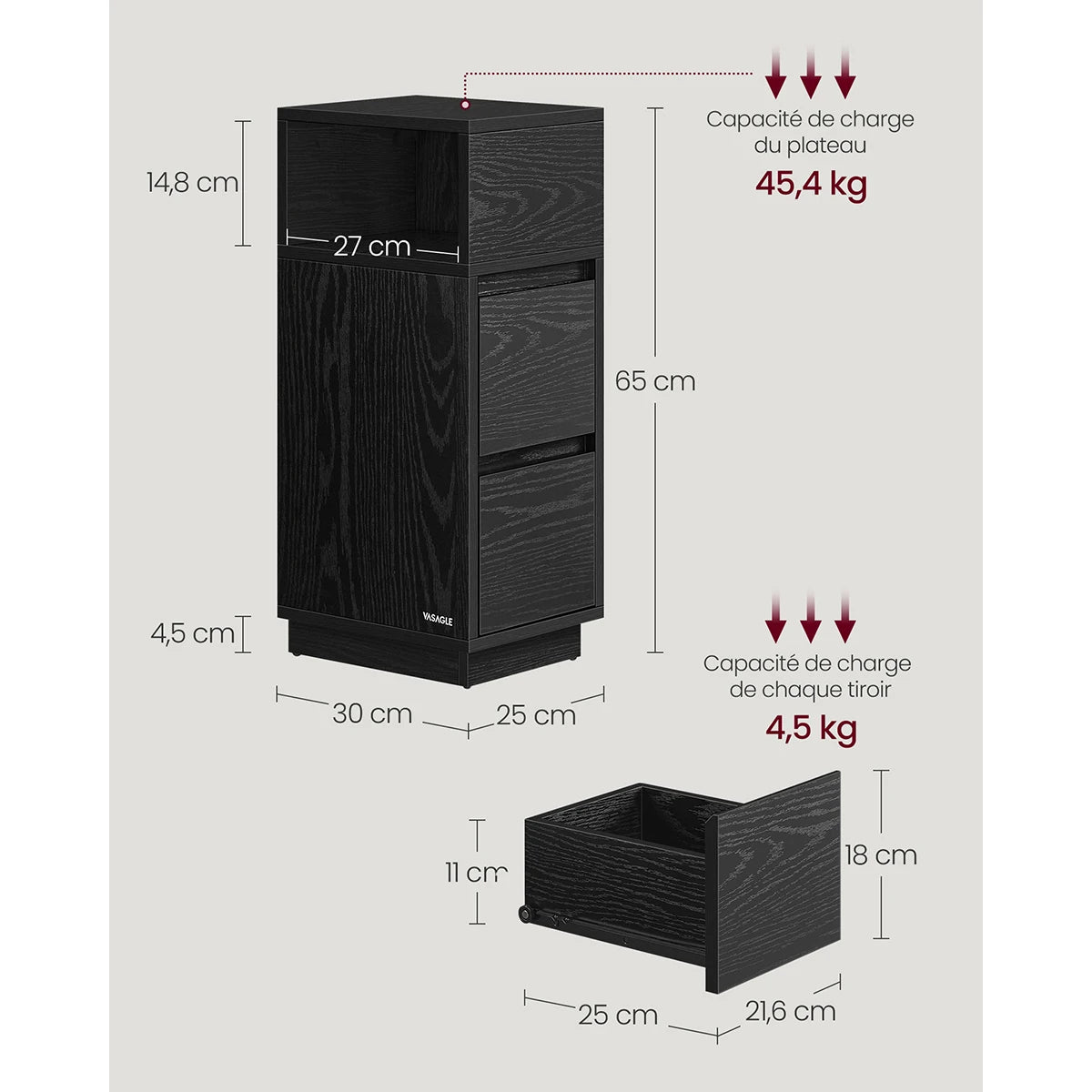 VASAGLE Slim Bedside Tables, Set of 2, Small Narrow Side End Tables with 2 Drawers, 1 Open Compartment Mounted to Face Left - vue 6 sur 9